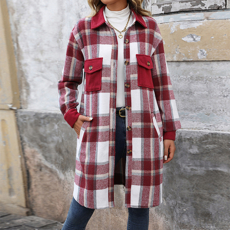 New Brushed Plaid Long Coat With Pockets Fashion Winter Jacket Outwear Women's Clothing CyclistShorts